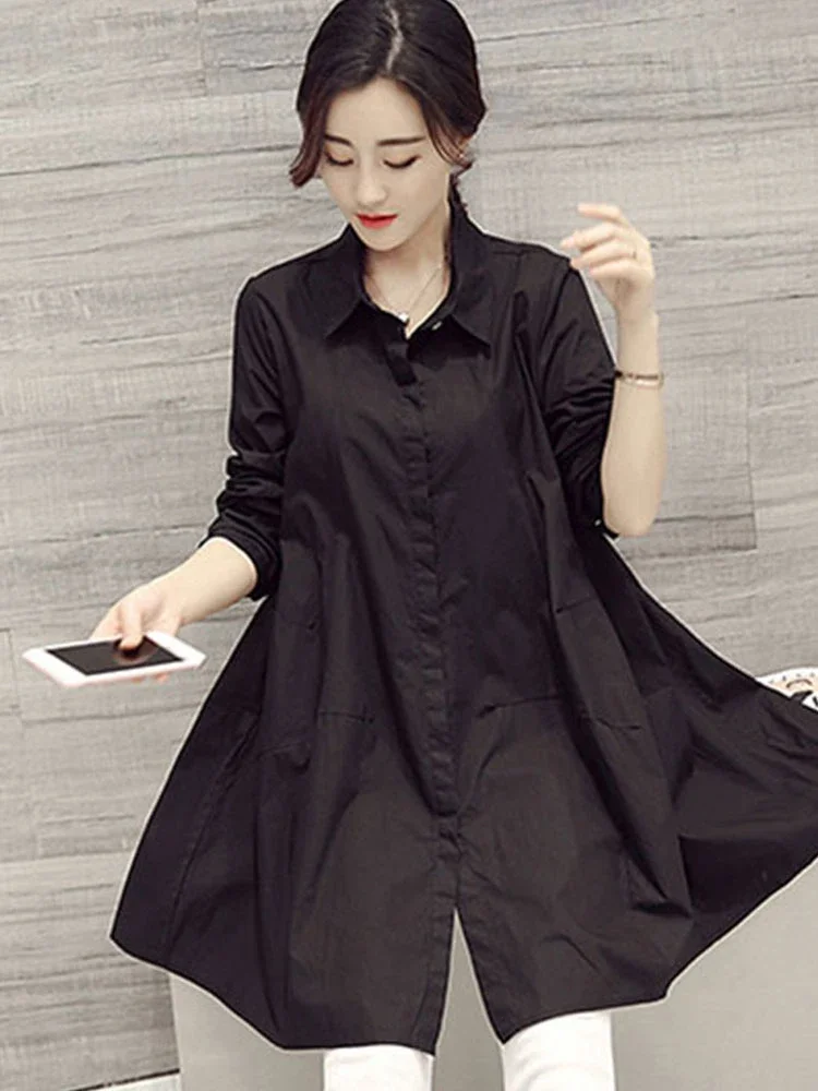 Weiße lässige übergroße Blusen Frauen Herbst koreanische Mode mittellange Winter lose lange Ärmel weibliche Blusen