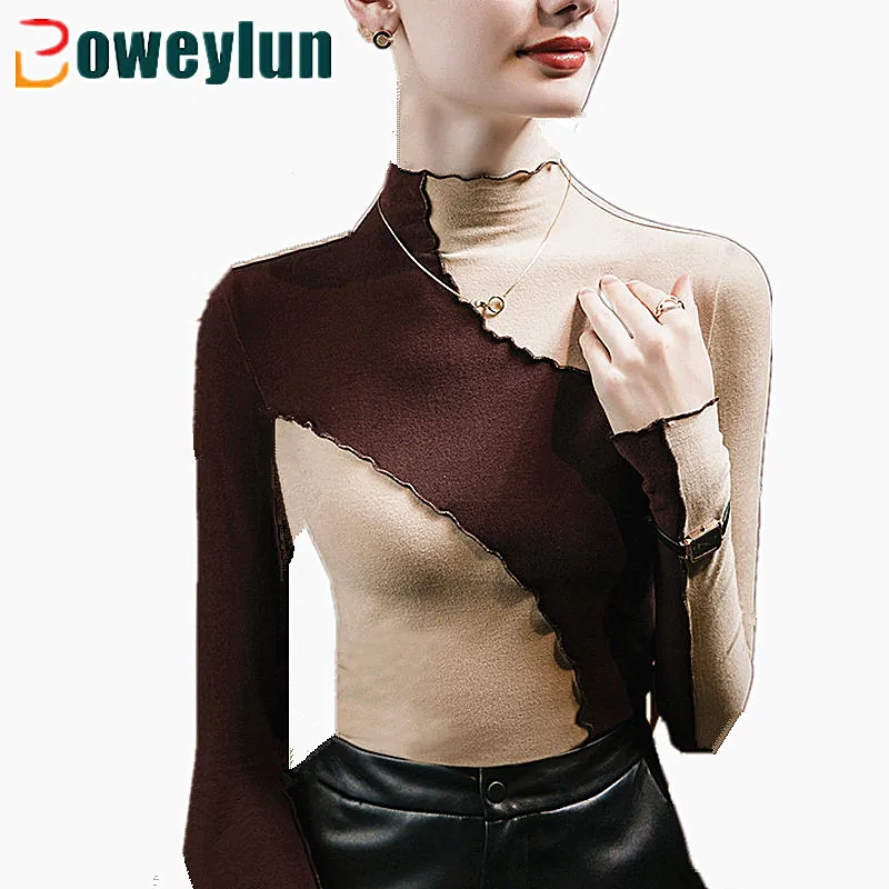 

Boweylun New Color Blocking Splicing Wooden Ear Edge Half High Neck Bottoming Shirt Women Slim Inner Long Sleeve T-shirt Female