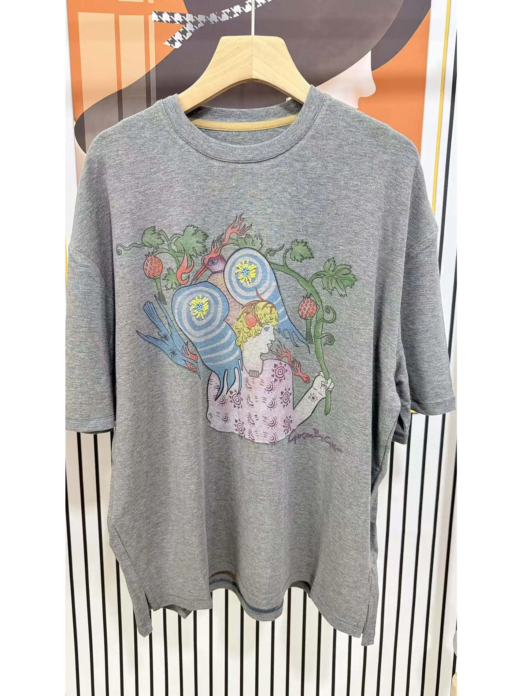 Original Loose round Neck T-Shirt Couple Style Bird Theme Print Casual Cotton Blend Summer Fashion Women's Straight Cut Top