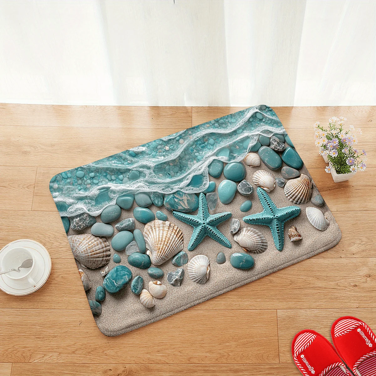 VIKAMA blue-green marine bio printed bathroom floor mat, anti slip, absorbent, quick drying shower room carpet