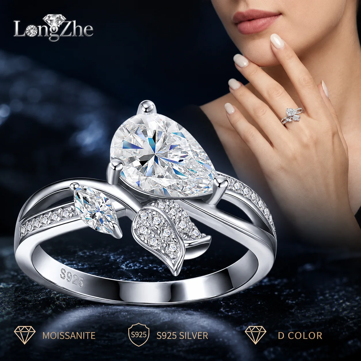 LongZhe Moissanite Rings for Women S925 Sterling Silver Pear Cut 6x9mm Leaf Vine Band 29 Stones Daily Anniversary Jewelry Gift