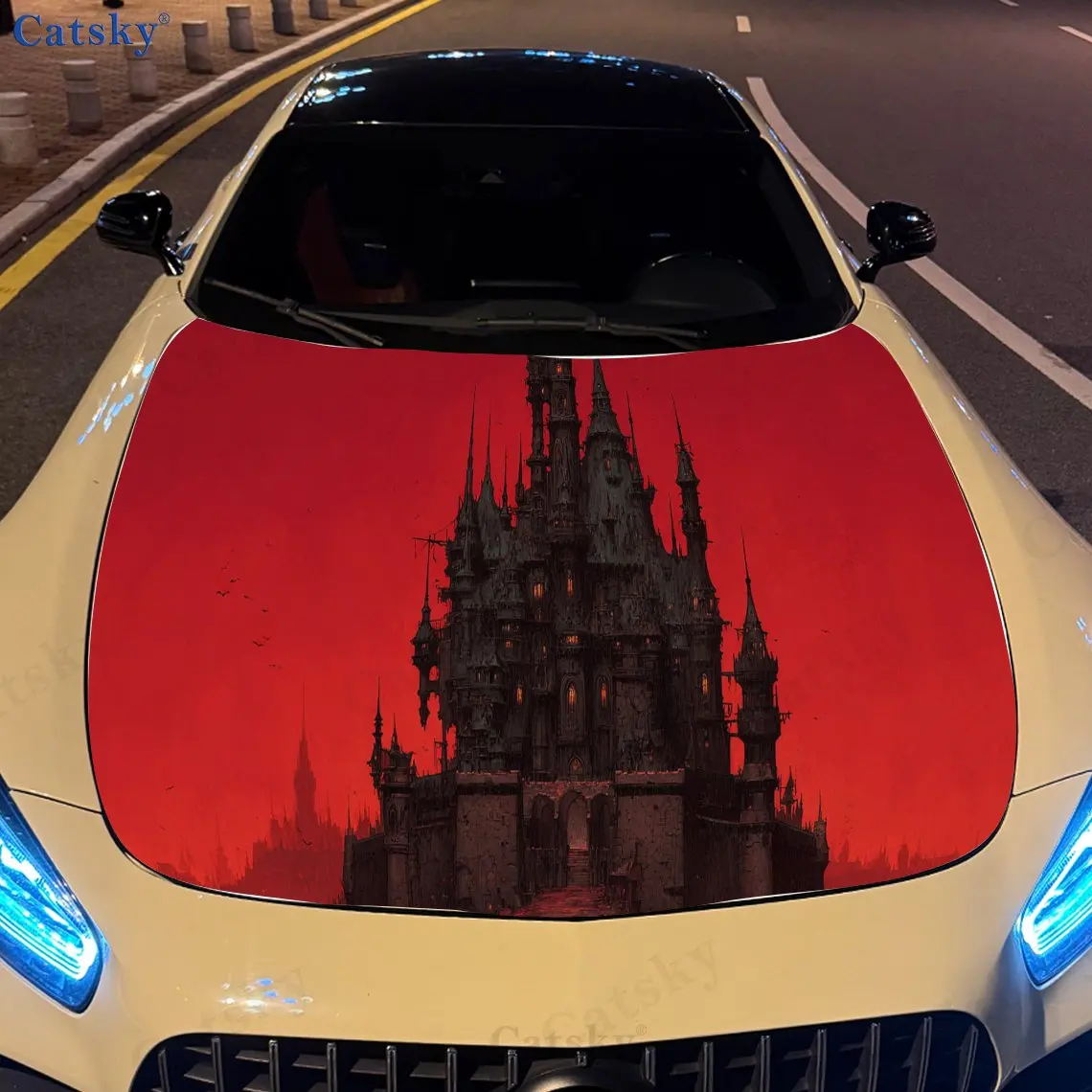 

Artistic Scarlet Castle PVC Car Vinyl Wraps, Self-Adhesive Waterproof Car Hood Decal Sticker, Car Decoration Protection Stickers