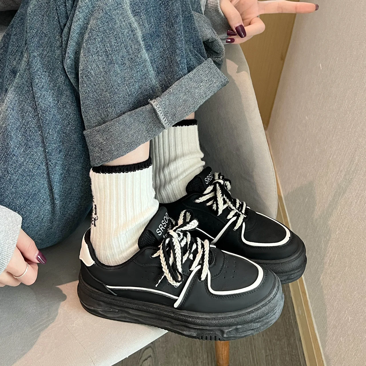 Autumn Thick Bottom Women's Sneakers Vulcanized Shoes Flat Shoes Leather Shoes Outdoor Casual Non-slip Increase Lace Up Sneakers