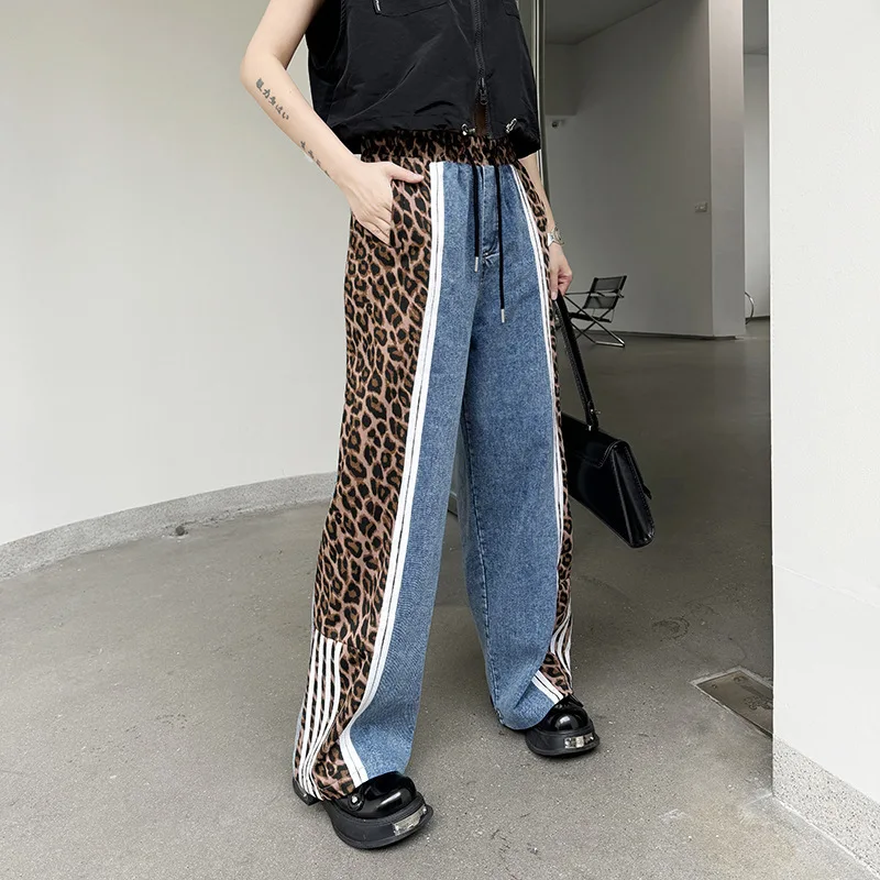 Vefadisa 2025 Spring Autumn New Women Jeans Grey Leopard Printed Spliced Denim Pant Personality Fashion All-match Jeans ZXY1250A