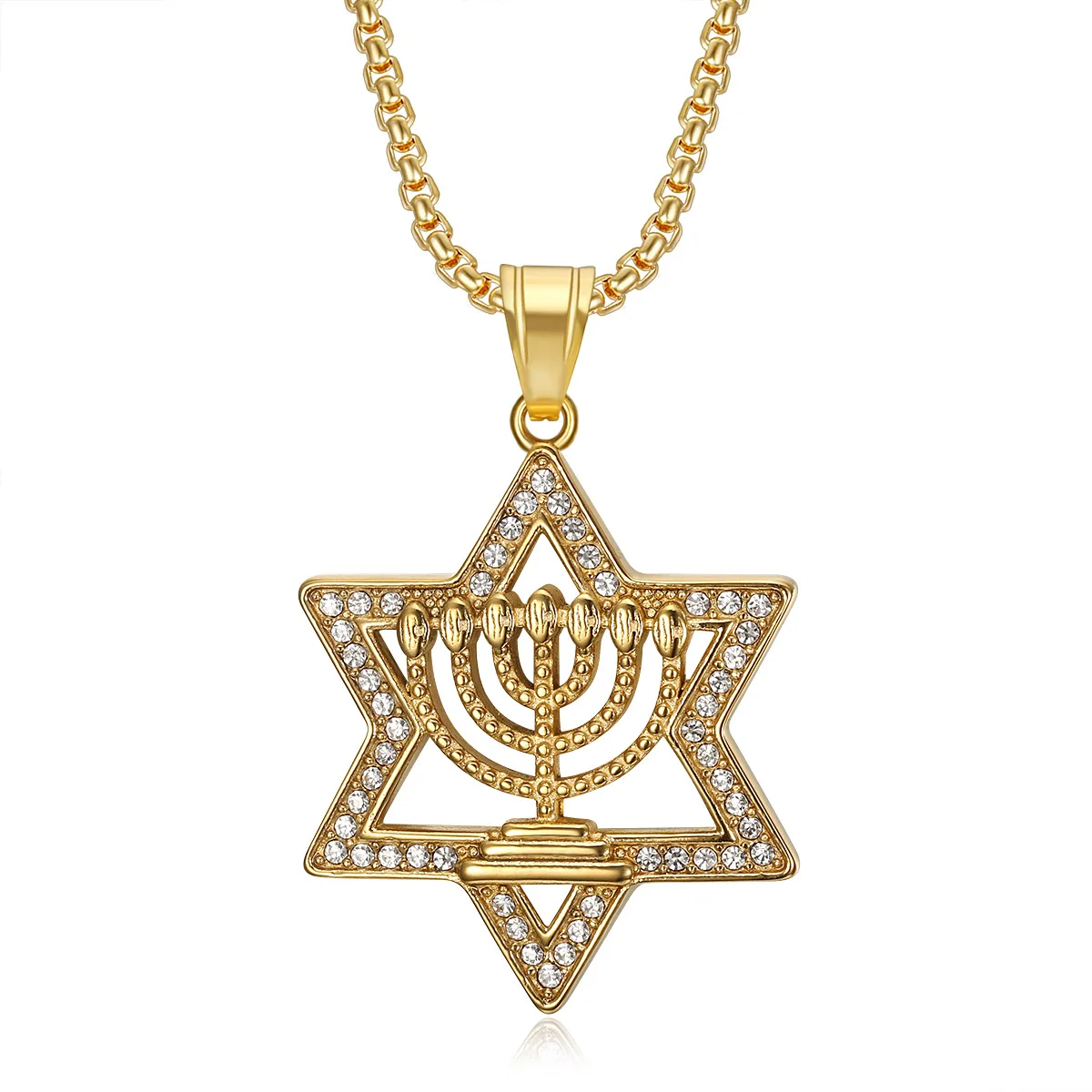 

Hip Hop Iced Out Star Of David Candlestick Pendant Gold Color Stainless Steel Chanukah Necklace for Men Jewish Jewelry Gift