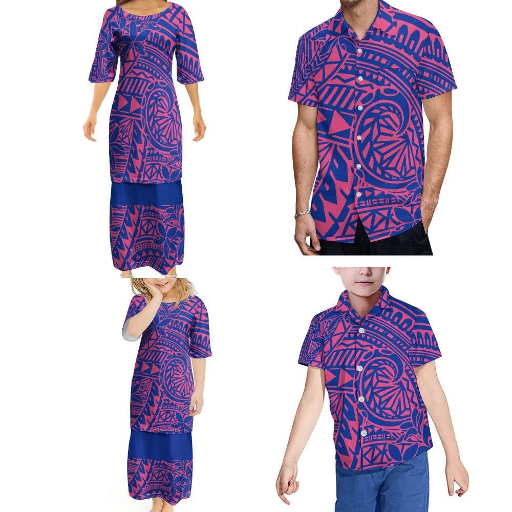 Polynesian Retro Tribal Print Ethnic Design Custom New Women'S Puletasi Men'S Shirt Adult Children Samoan Family Clothing