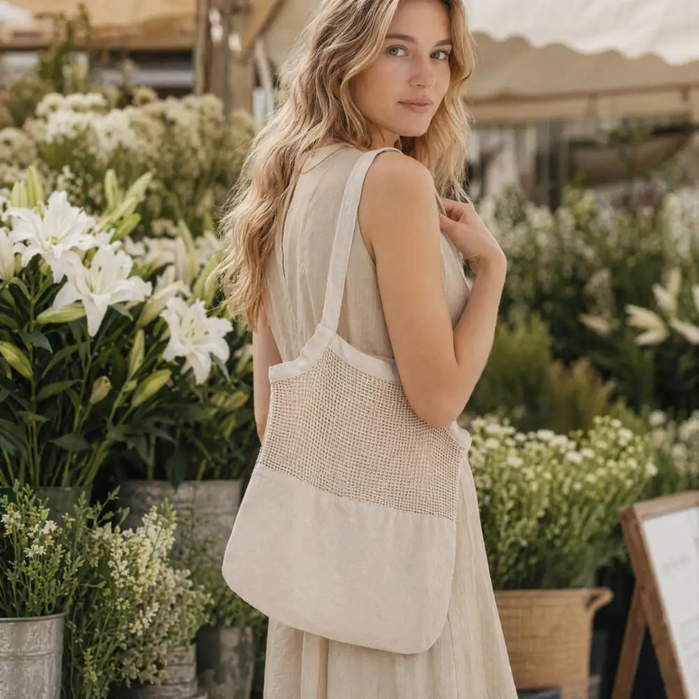 Reusable Canvas Grocery Tote Breathable Mesh Splicing Design with Reinforced Straps Shopping Bag for Fruits Vegetables