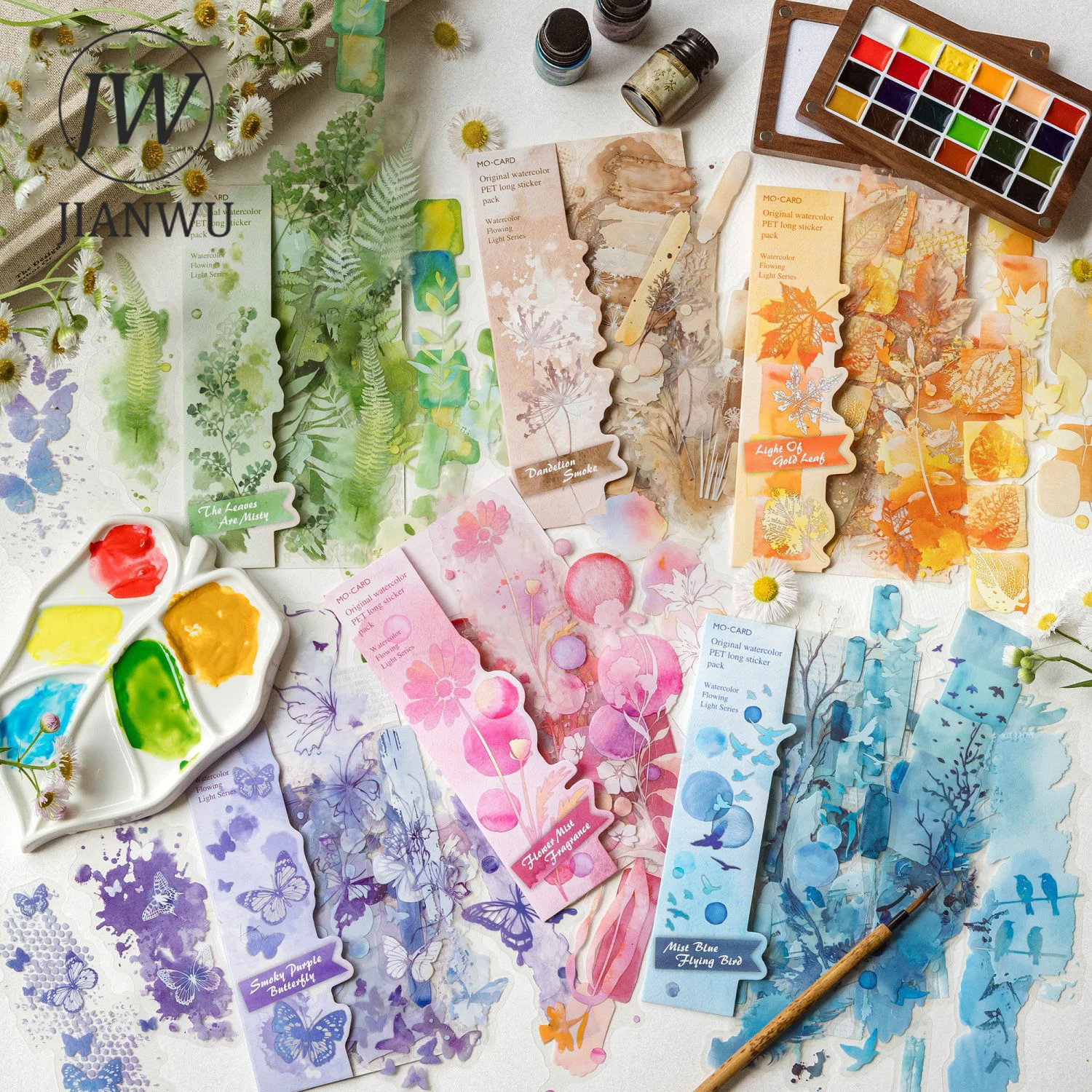JIANWU Watercolor Flowing Light Series Vintage Plant Flower Landscape Material Collage PET Sticker Creative Journal Stationery