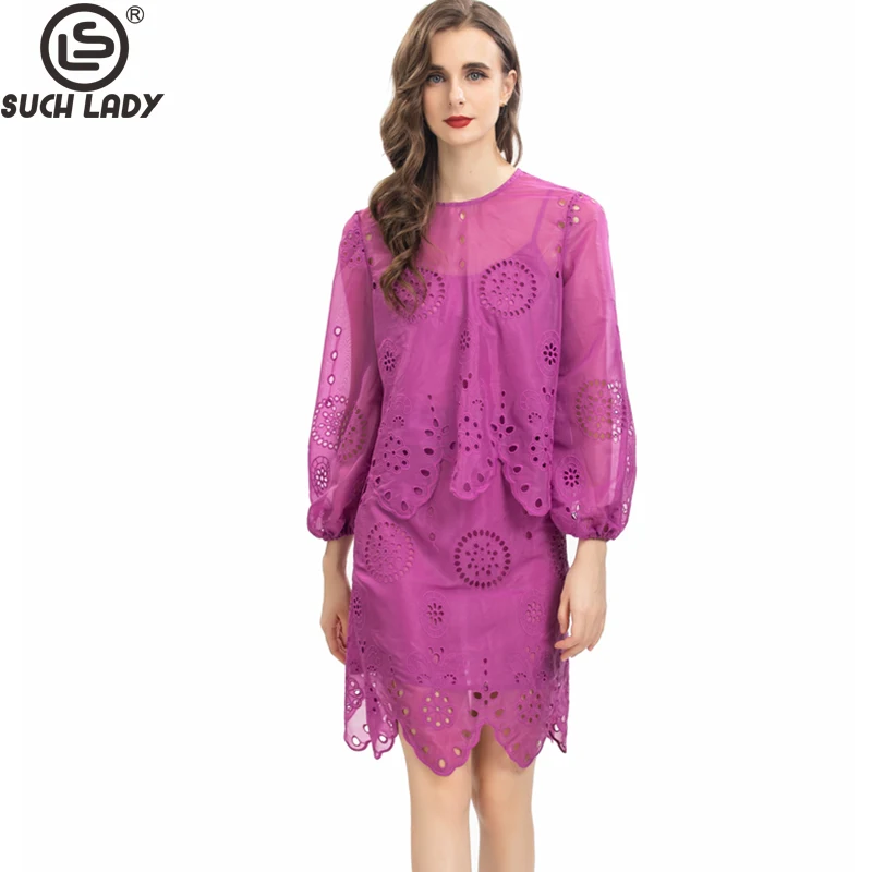 

Women's Runway Two Piece Dress O Neck Lantern Sleeves Embroidery Blouse with Pencil Dress Fashion Designer Twinsets