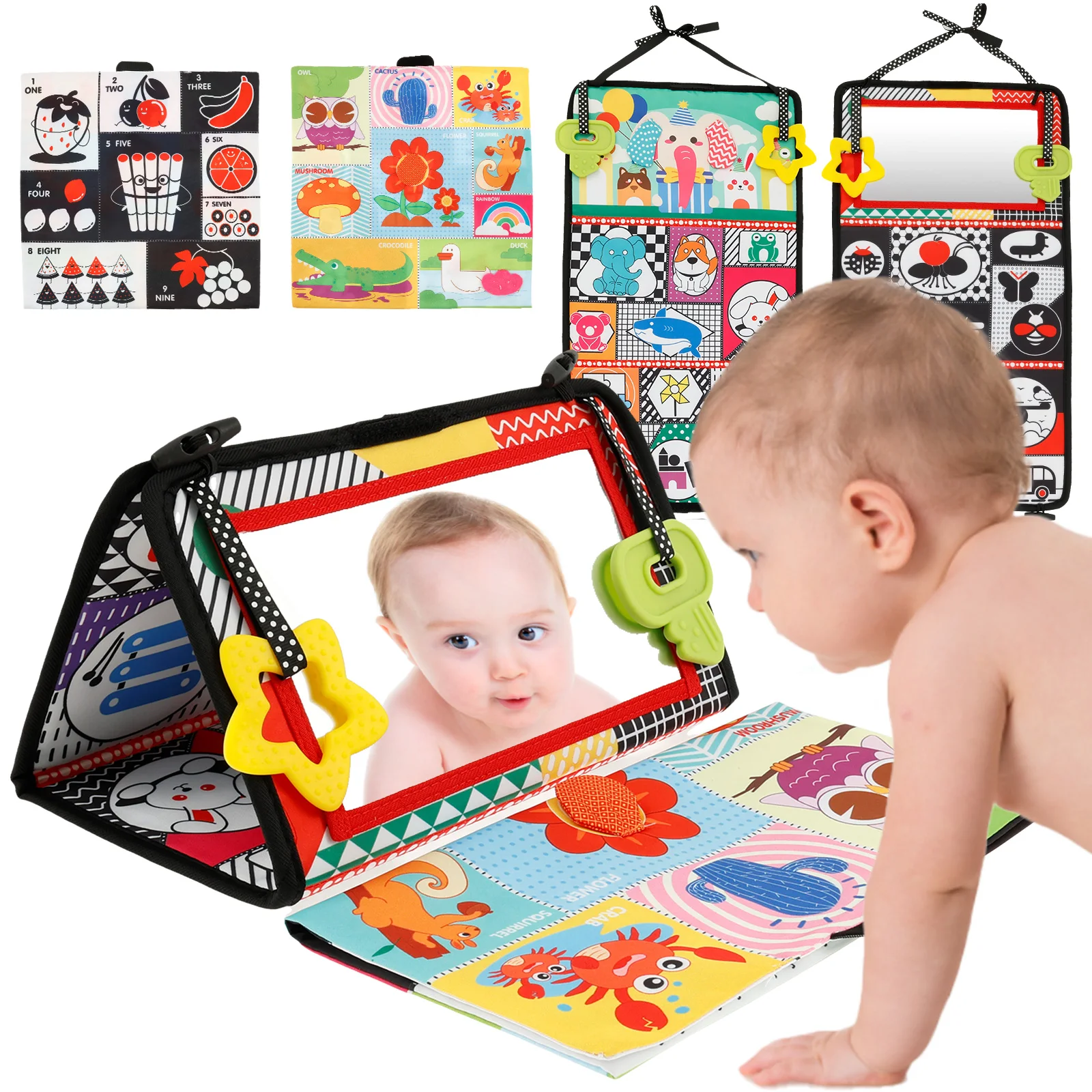 Cloth Tummy Time Mirror Toy Build Cognitive Skill Baby Mirror Tummy Time Detachable Sand Book Baby Prone Toy Foldable for Infant