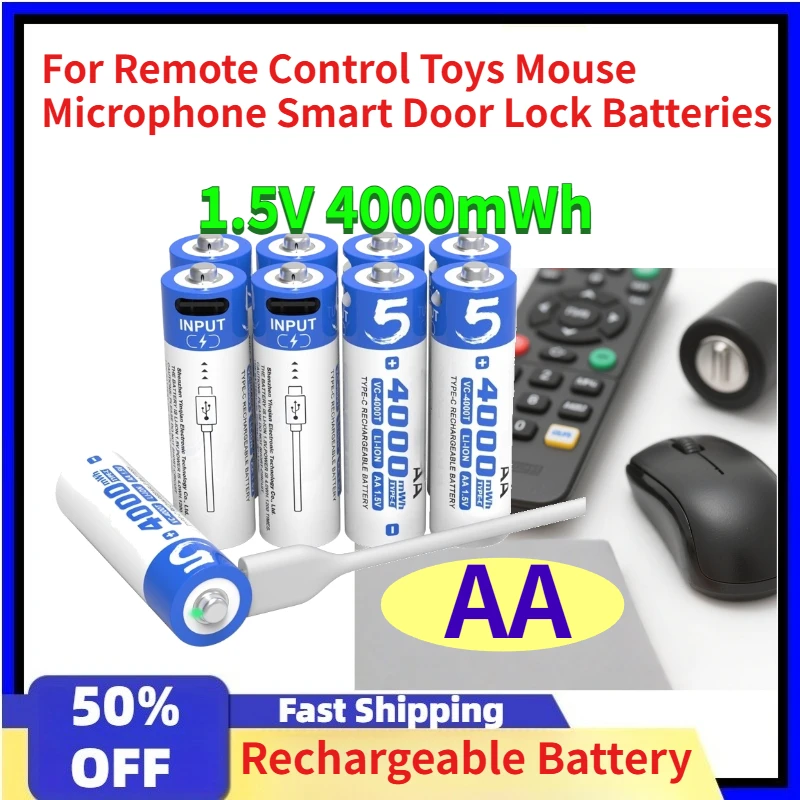 2pcs Rechargeable AA 1.5V Li‑ion TYPE‑C Battery 4000mWh, Replaceable for Remote Control Toys Mouse Microphone Smart Door Lock