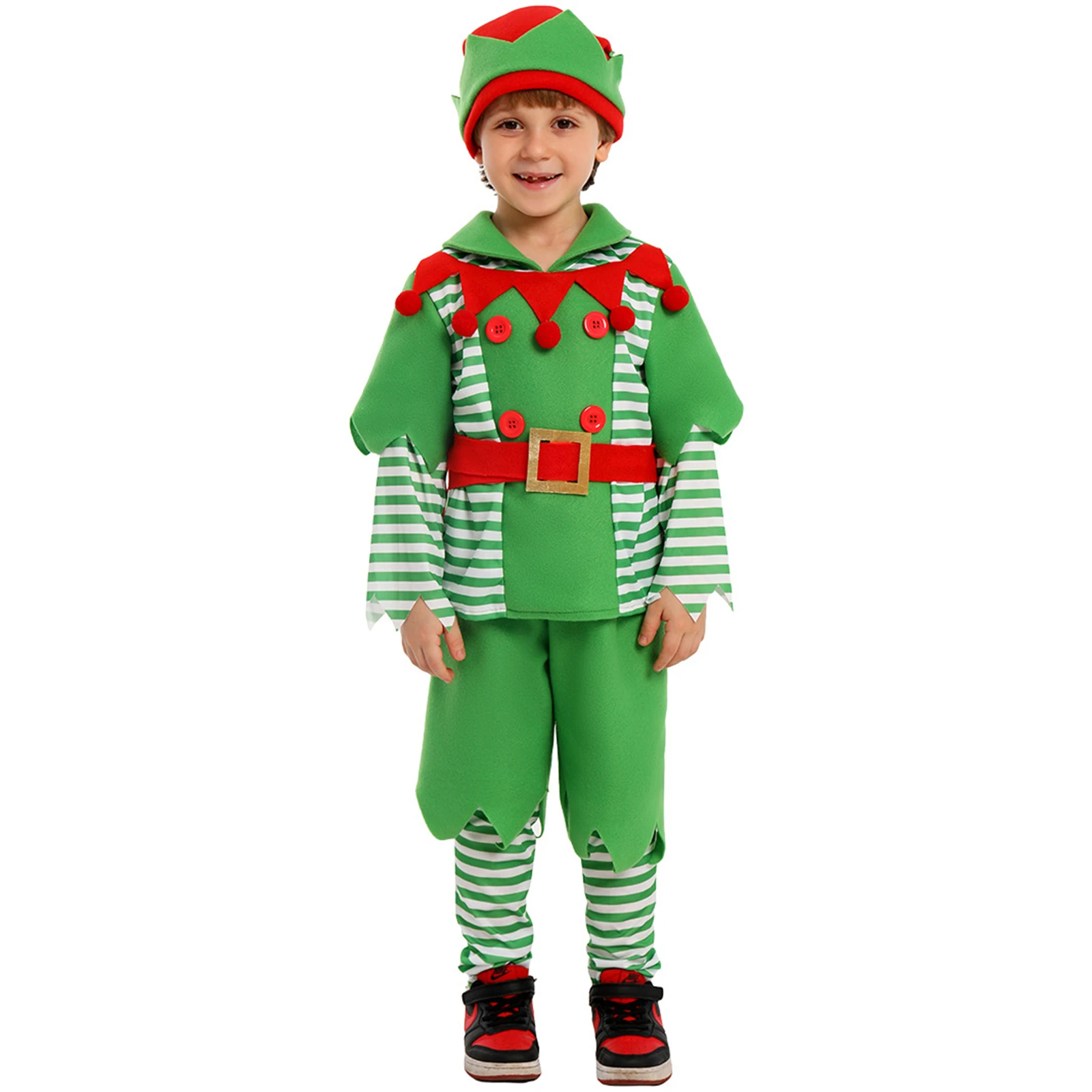 

Kids Girls Boys Christmas Elf Cosplay Costume Fancy Uniform Green Stripes Top Pants with Hat Xmas Gift New Year Party Suit