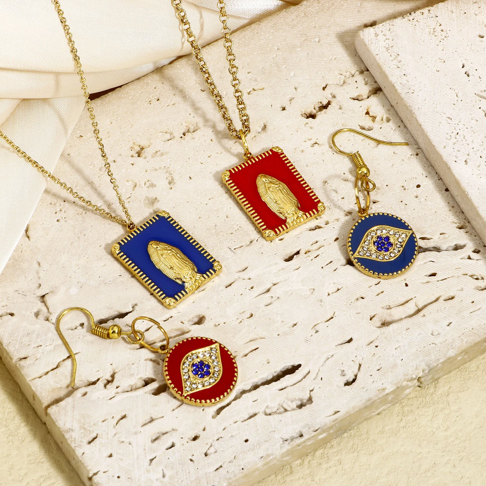 1pc Religious Stainless Steel Charms Gold Color Rectangle Virgin Mary Cross Multicolor Enamel Pendant DIY Necklace Jewelry Gift