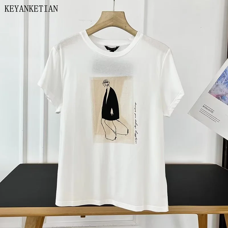 KEYANKETIAN 2024 New Launch Women's Lyocell Cotton T-shirt Summer Fashion Figure Graffiti Printed Short Sleeve Pullover Tees Top