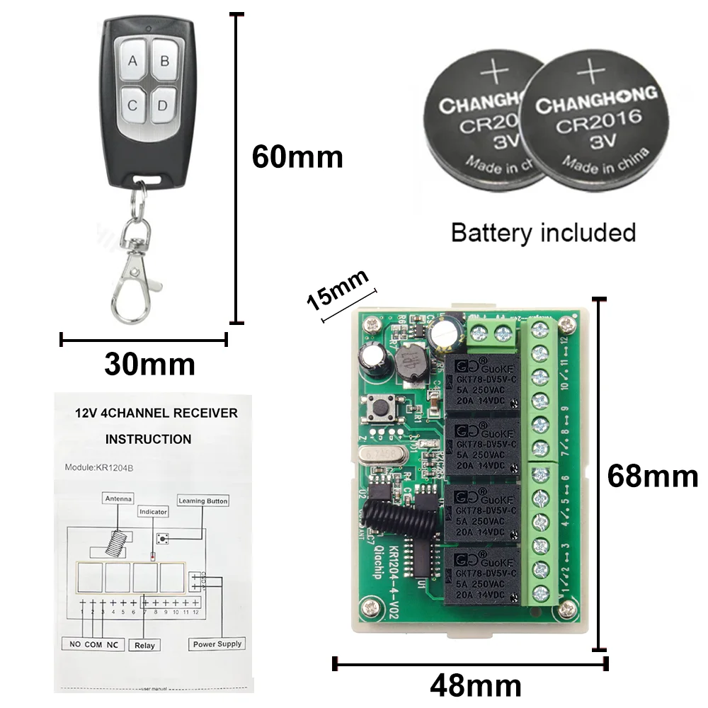 433Mhz Uniwersalny bezprzewodowy przełącznik zdalnego sterowania DC 6V 12V 24V 4-kanałowy moduł odbiornika przekaźnika i nadajnik światła silnika RF
