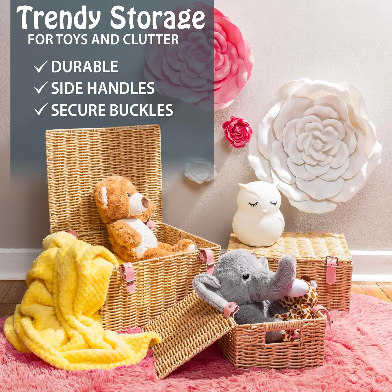 مجموعة من 3 قطع - سلال تخزين منسوجة مستطيلة كبيرة ومتوسطة وصغيرة لتنظيم الملابس، قابلة للتكديس