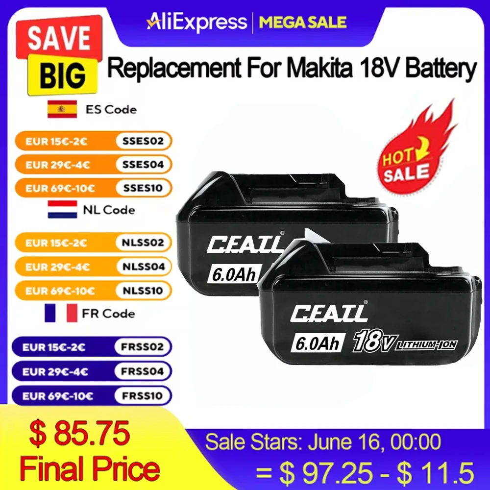 

For Makita 18V 9Ah Battery 6Ah Li-ion Replacement LXT BL1860B BL1860 BL1850 DHP482RFX9 BL1815 LXT400 for Cordless Drill
