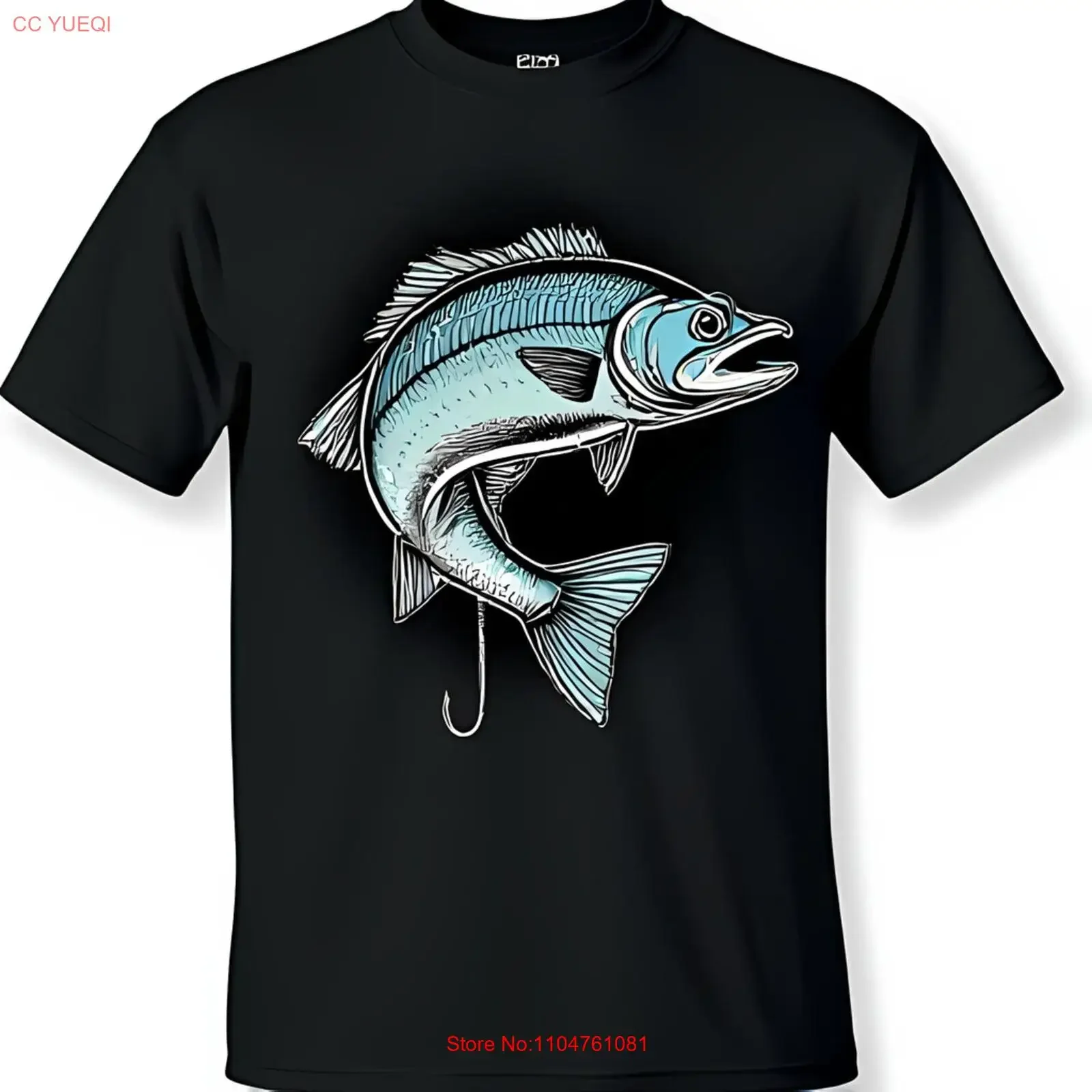 

Black T Shirt with Blue and White Leaping Fish Illustration Hook Design vintage Washed Unisex Stretched graphic
