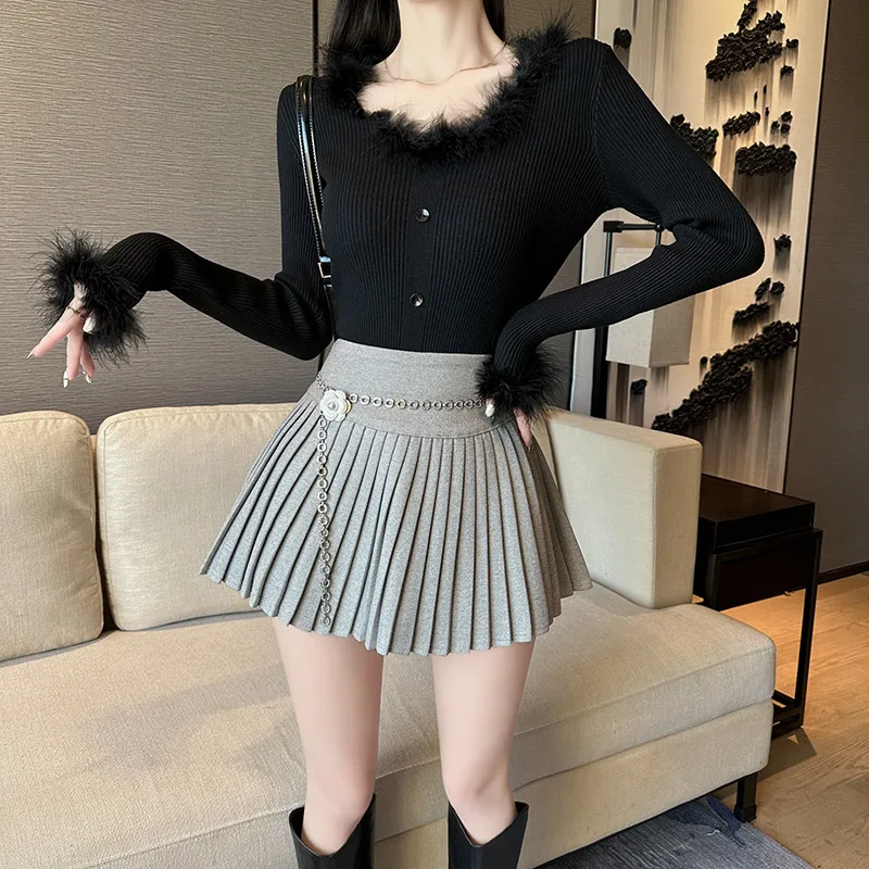 Korean Fashion Preppy Style Mini Skirts Women A-line High Waist Female Pleated Skirt Chain Lace-up Elegant Skirts