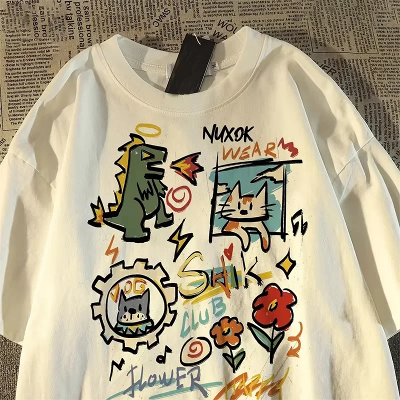 

Summer Cute Cartoon Graffiti Print T-shirt Women Short Sleeve Couple T-shirt Y2k Tops Kawaii Clothing Oversized T Shirt