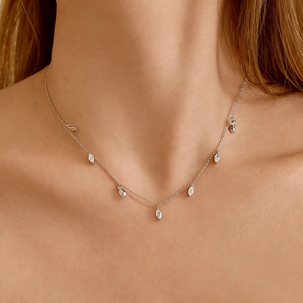 TEMGF Full 0.3CT Olive Cut Zircon/Moissanite Pendant Necklace for Women S925 Pure Silver Simple Chokers Chain Fine Neck Jewelry