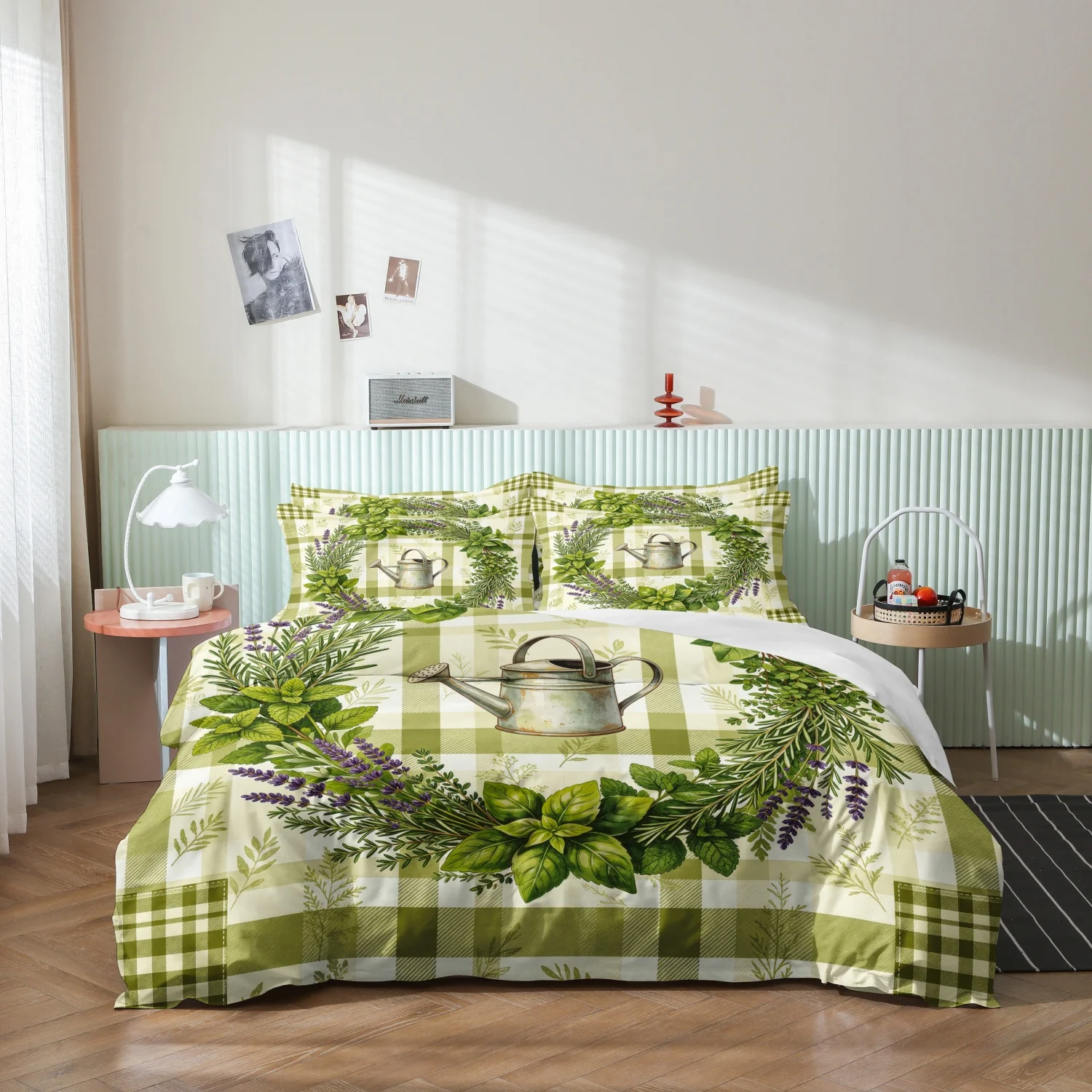 3Pcs Terracotta Checkered Dried Grass Wreath Dreamcatcher Print Duvet Cover Set, Bohemia Fall Buffalo Plaid Print Bedding