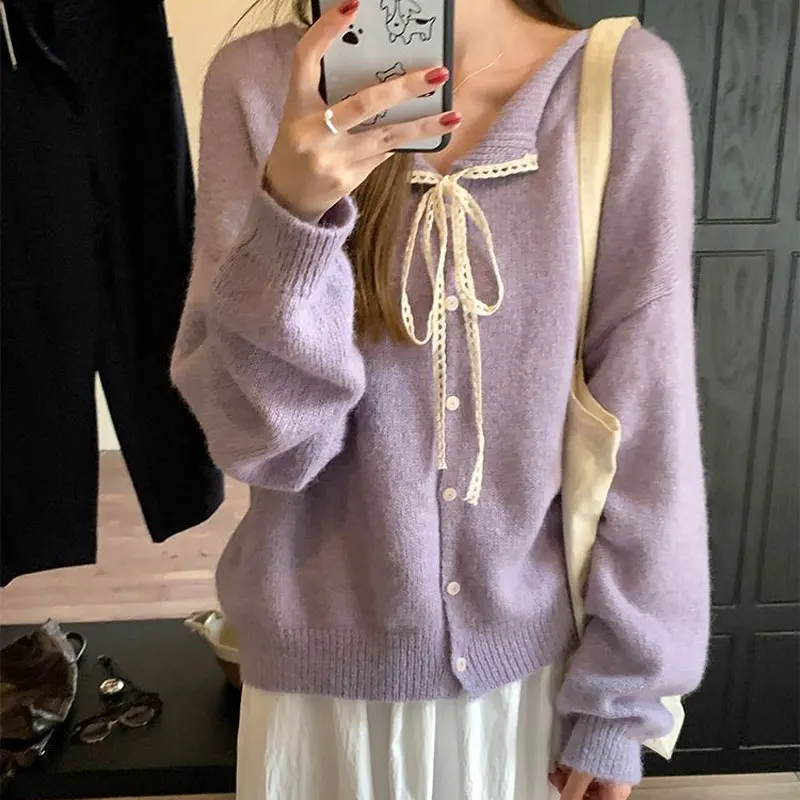 Fashion Lace Drawstring Knitted Cardigan Female Clothing Korean Spliced Autumn Winter Solid Color Vintage Loose Gentle Sweaters