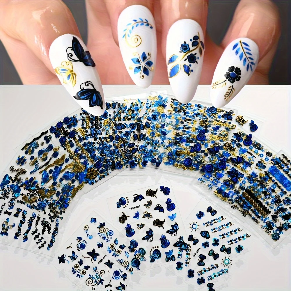 30 Stück Elegante Blau-Goldene 3D-Nagelkunst-Aufkleber - Blumen-, Schmetterlings-, Geometrie- & Spitzen-Designs mit Englischen Buchstaben-Akzenten