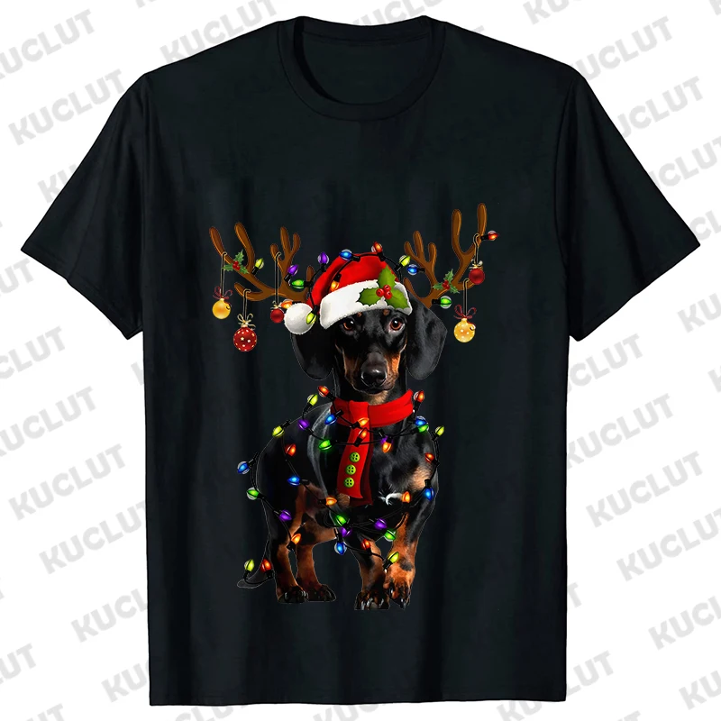 Dachshund Puppy Christmas Shirt Xmas Weiner Dog T-shirts Holiday Christmas Dog Lights Women Tshirts Dog Mama T Shirts Clothing