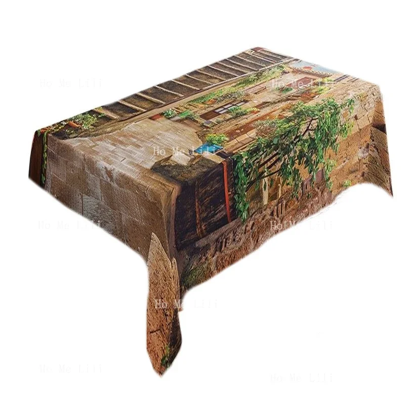 Итальянская прямоугольная скатерть с видом старой средиземноморской улицы с каменными камнями в городской сельской местности с принтом для столовой