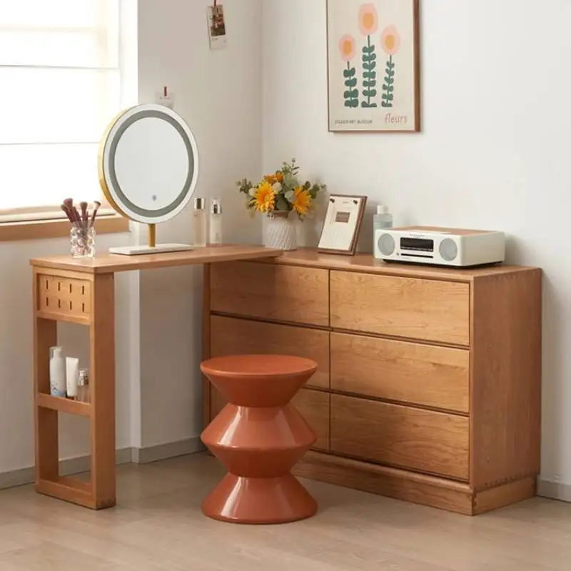 Wood Retro Brown Vanity Desk Sturdy Bedroom Nordic Home Chest Vanity Desk Makeup Drawers Mirror Coiffeuse De Chambre Furniture