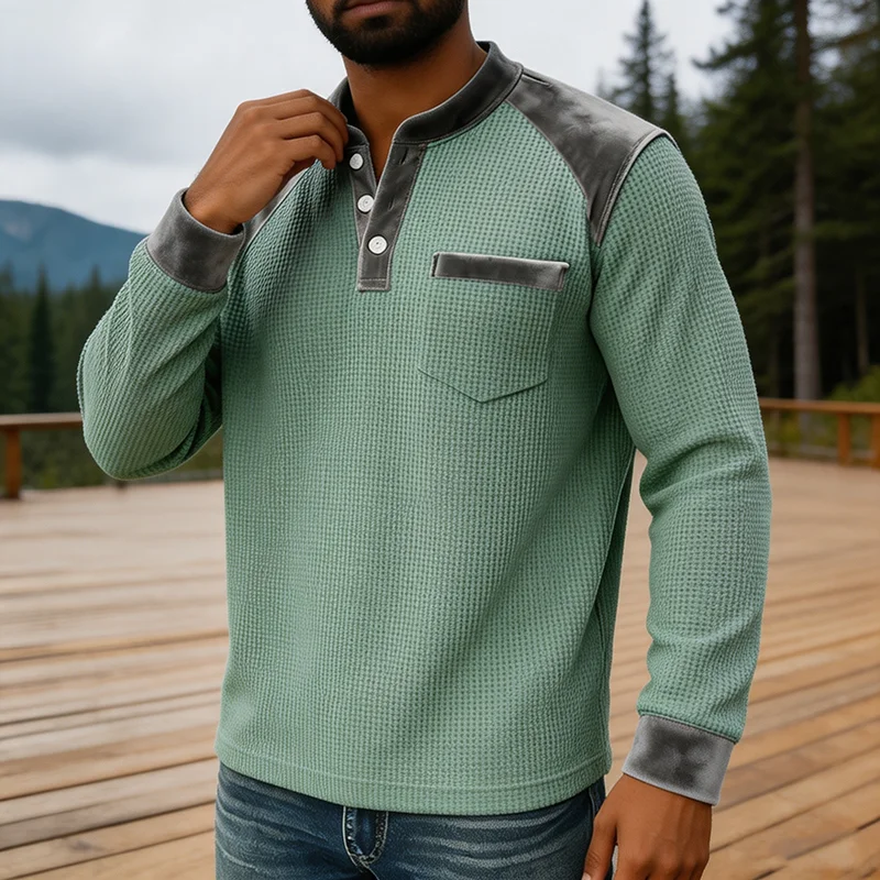 2026 Fall Winter Warm Polo Shirts Mens Stylish Contrast Color Waffle Texture Pullover Daliy Casual Sport Long Sleeve Shirt Tops