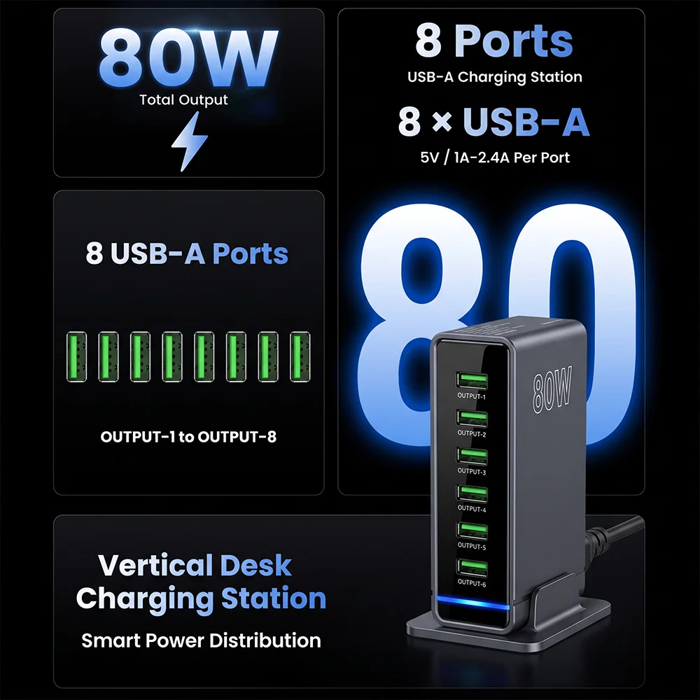 MRSVI 80W 8-Port USB Desktop Charger, QC3.0 Fast Charge with LED Display, Powers 8 Devices at Once, Overcurrent Protection