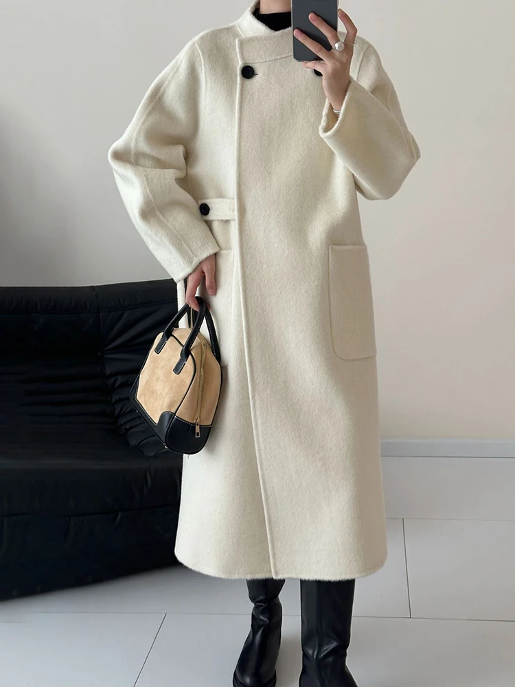 [LANMREM] Temperament Wool Coats For Women Stand Neck Blet Gathered Waist Office Lady Warm Long Outwear 2024 Winter New 26C910