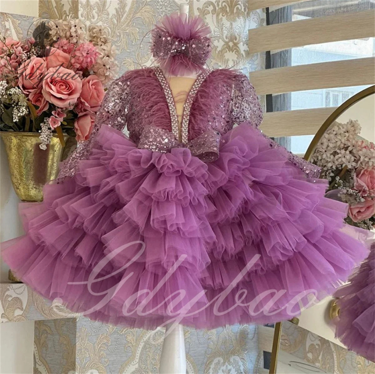 Flower Girl Dress Ruffles Long Sleeves Scoop Neck Feather Pearls Cute Baby Girl Tutu Party Gown Short Graduation Kids Prom Dress