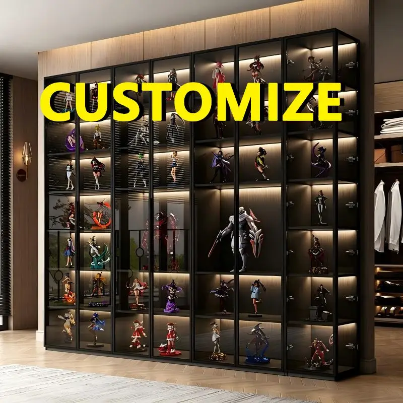 Eco Friendly Glass Display Cabinet LED Light Large Capacity Layered Storage Aluminum Frame Dust Modern Collectible Showcases
