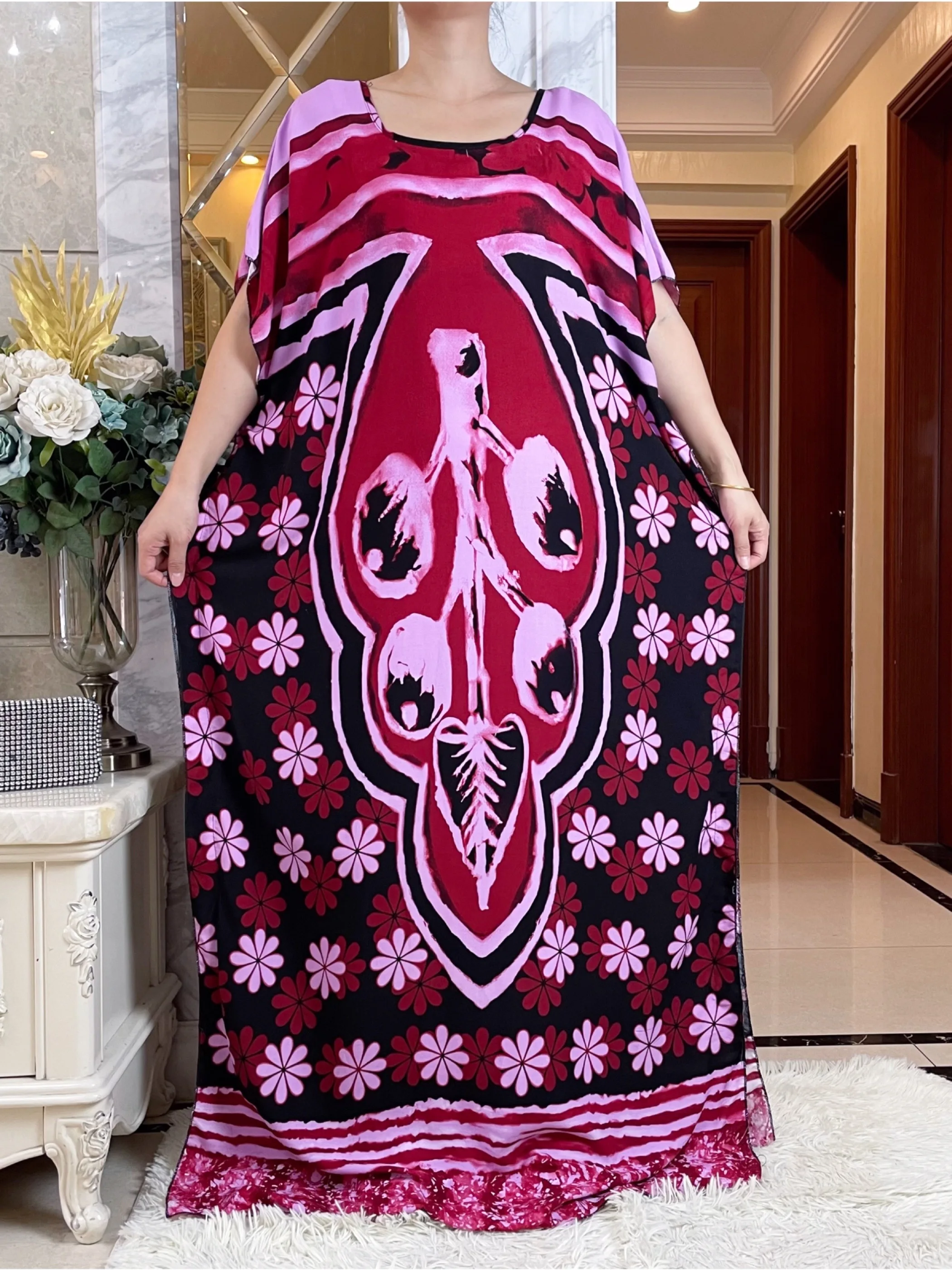 New Summer Eid Abaya  With Big Scarf  African Women Short Sleeve Dashiki Printed Floral Loose  Maxi Islam Casual Cotton Dress