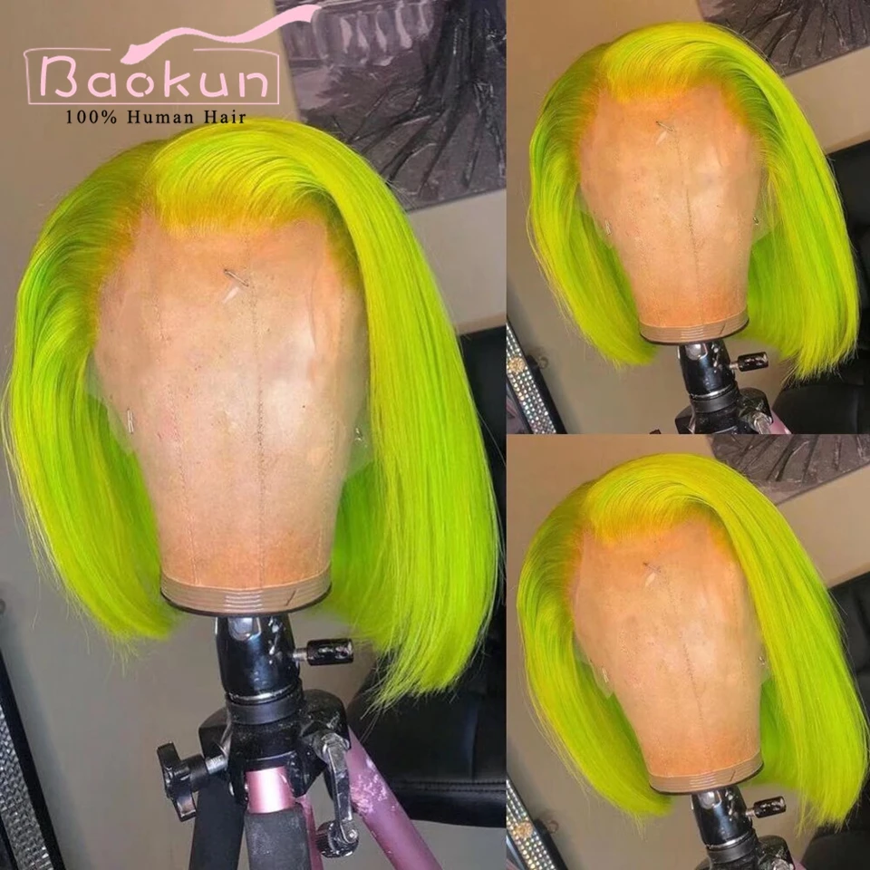 Bebê Azul e Verde Curto Perucas de Cabelo Humano, HD Lace Frontal Peruca, Pré Arrastado, Glueless, Bob, Direto, 13x4, 13x6