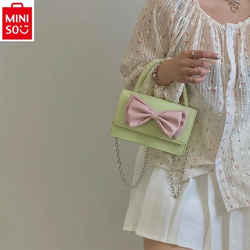 MINISO Disney Escape Princess Bow Chain Small Square Bag Fashion Women's Contrast Color Versatile One Shoulder Crossbody Bag