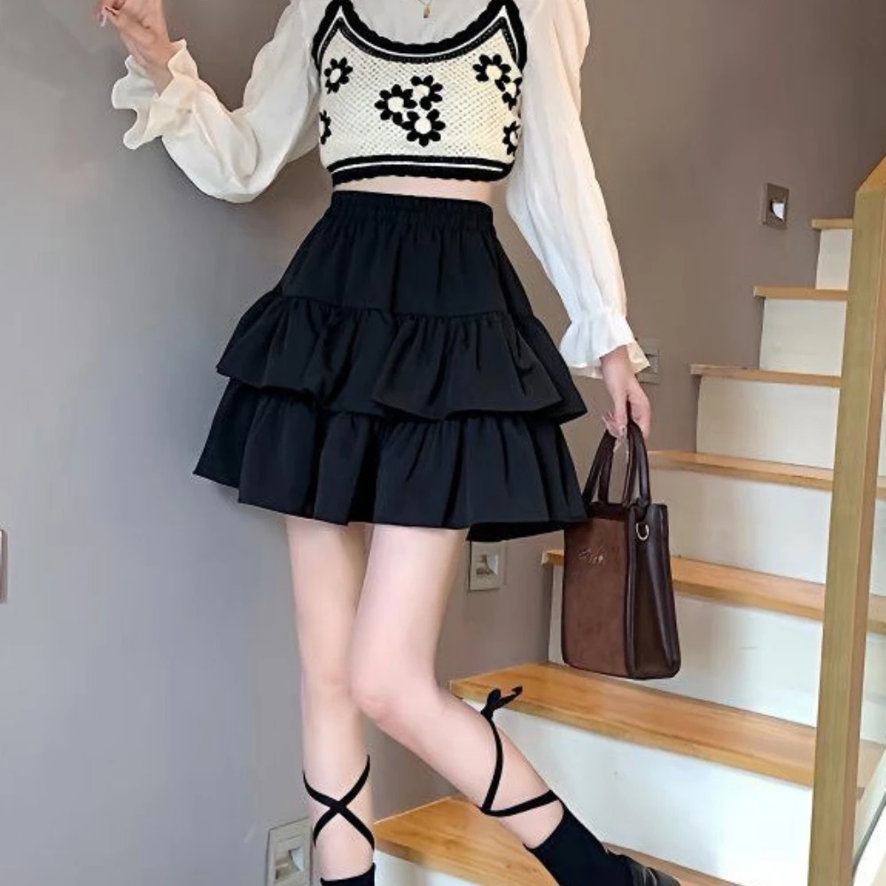 

Новые юбки-торты с рюшами, женские однотонные трапециевидные юбки с высокой талией, милые, милые, милые, корейские, нежные, весенние, повседневные юбки Kawaii