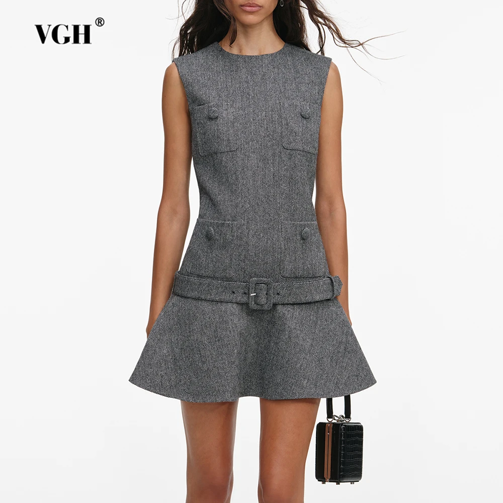 

VGH Casual Solid Slimming Commute Dresses For Women Round Neck Sleeveless High Waist Spliced Pocket Chic Dress Female Fashion