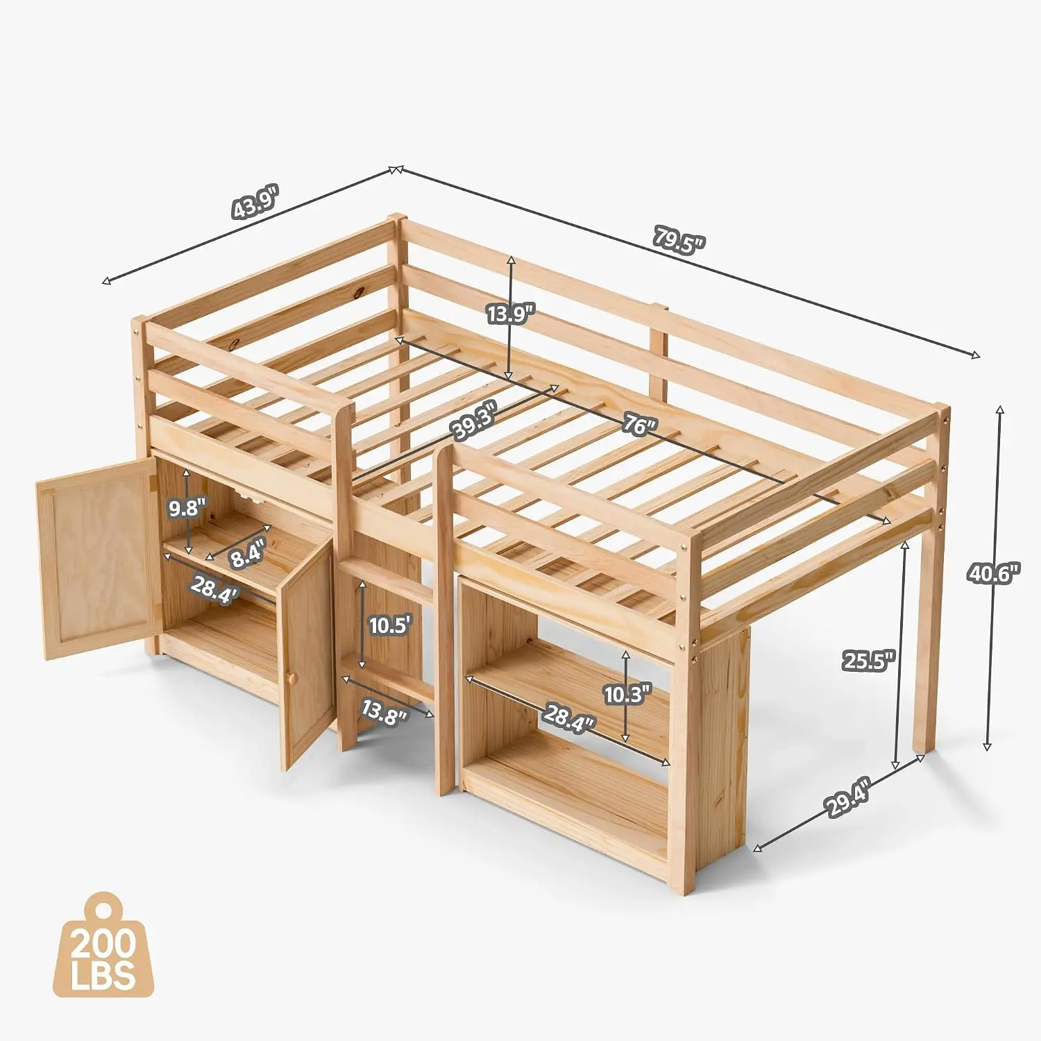 Low Loft Bed Twin Wood With Storage Cabinet Shelf LED Lights 14