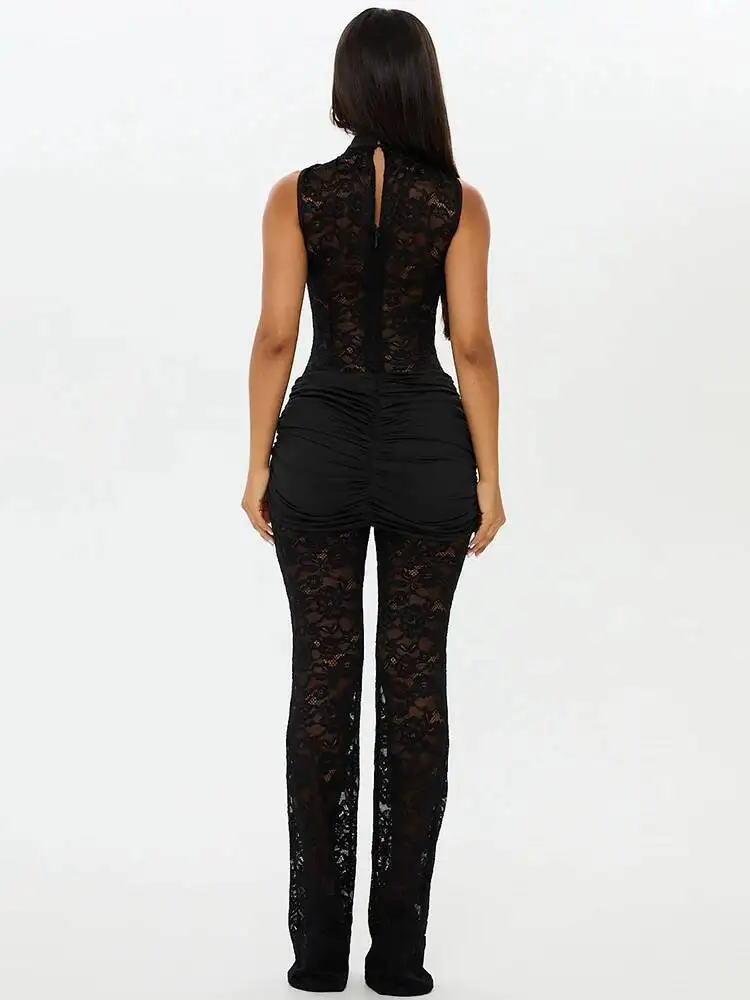 Blifanbo セクシーなレースシースルージャンプスーツ女性ロンパース中空アウトノースリーブシャーリングエレガントなハイウエストクラブパーティージャンプスーツ新しい