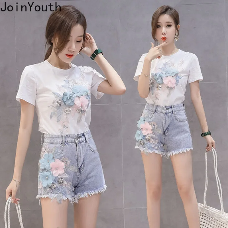 Korean Two Piece Sets Women Clothing Embroidery Short Sleeve White Tshirts High Waist Denim Shorts Outfits Casual Summer Y2k Set