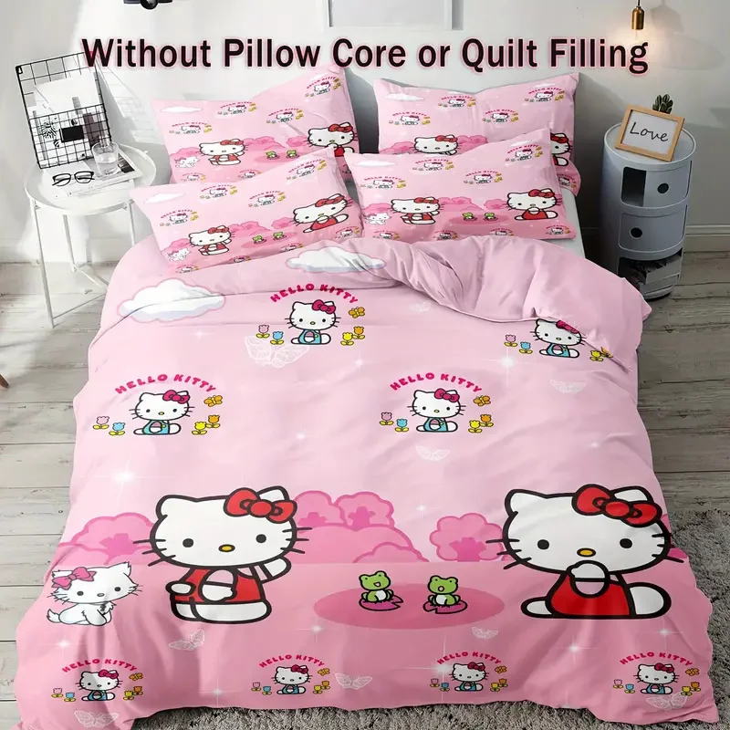 

Hello Kitty Pink Duvet Cover Set Cartoon Anime Bedding Set Cute Kids Teens Comforter Cover for Bedroom Home Decoration