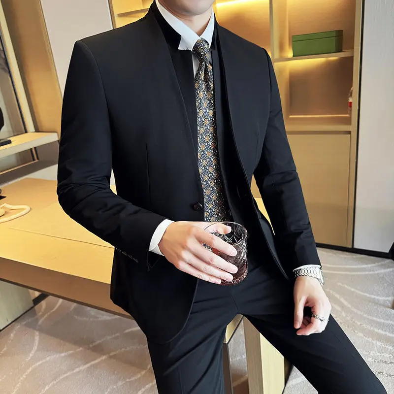 High-Quality Stylish Casual Korean Version Double Collar Slim Fit Suit Fashionable Trendy Two-Piece Suit Set