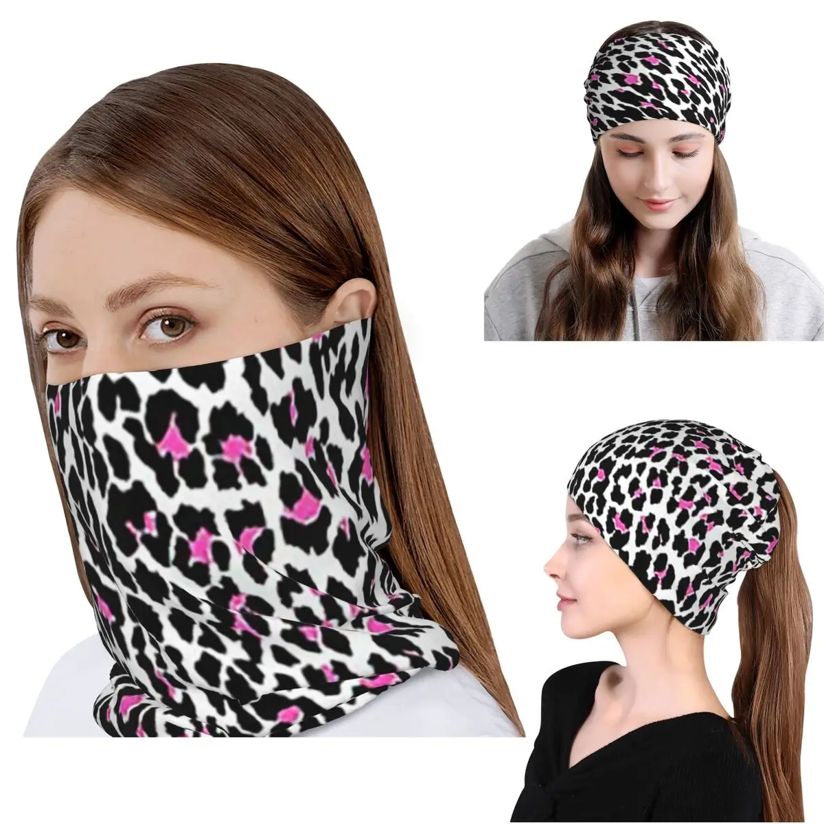 

Pink Leopard Print White Animal Print Bandana Neck Cover Wrap Mask Scarf Warm Headwear Beanies Hat for Men Women Adult Winter