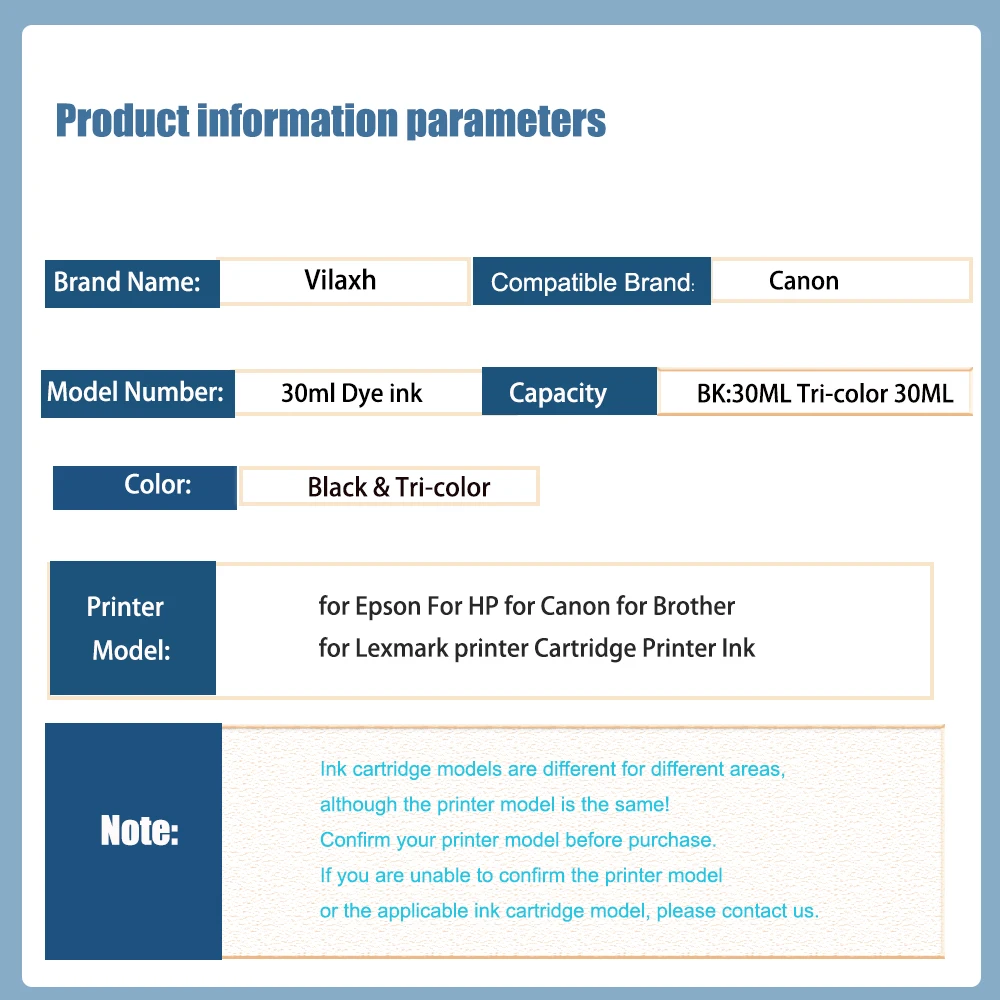 Vilaxh-epson、hp、canon、兄弟、辞書プリンター、カートリッジ、30ml用のユニバーサル染料インク