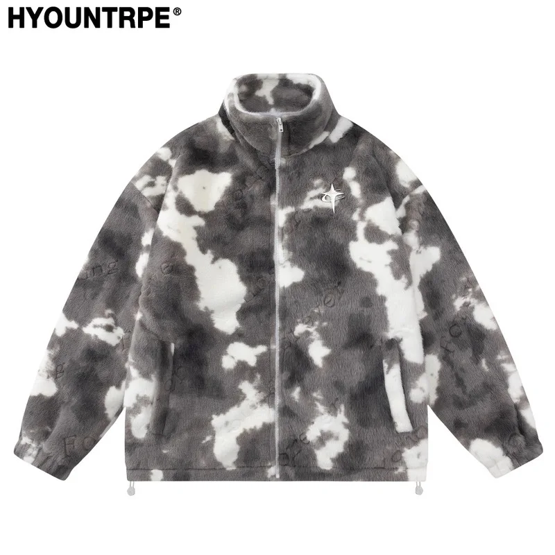 

Men Hip Hop Fleece Jackets Coats Streetwear Tie Dyed Stand Collar Jacket Parka Zipper Winter Hairy Jacket Coat Outerwear Hipster