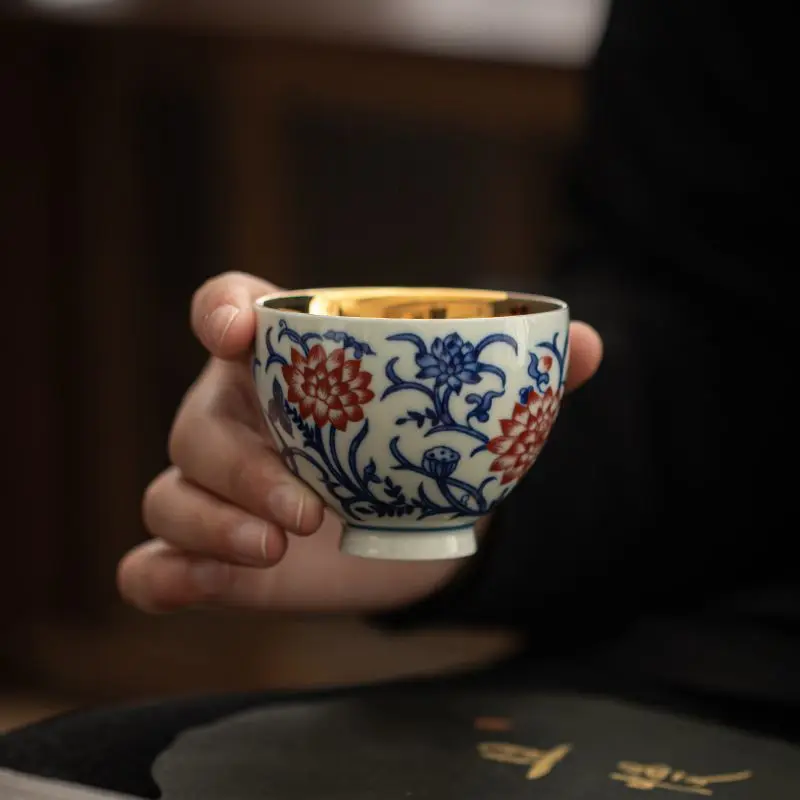 Su's Ceramics Blue And White Red With Gold Plating Inside Master Cup Work Of Intangible Cultural Heritage Inheriter Chen